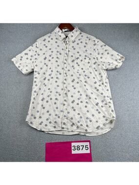 Ben Sherman Stretch Shirt White Blue Dots Casual Button Up Short Sleeve Mens L